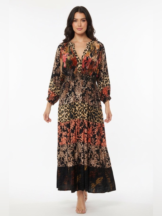 Calessa Dresses & Skirts - Mixed-Print Tiered Maxi Dress - Black Multi